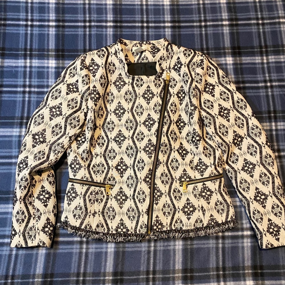 HM Women Black Cream Geometric Jacquard Fringe Moto Jacket Size 12 O/N - Picture 1 of 8